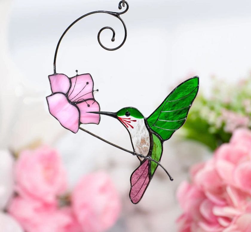 Sun Catcher Glass Birds with Flower Wall Window Hangings Unique Gifts for Bird Lover