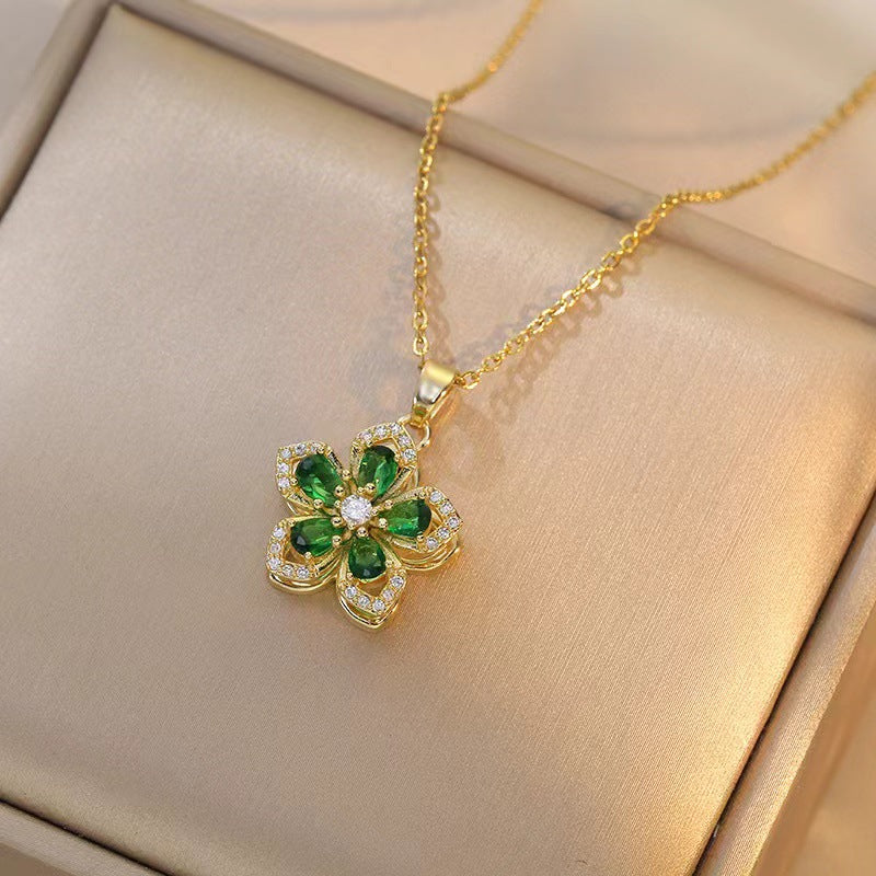 Floral Birthstone Necklace Lotus Flower Gemstone Necklace with Rotating Crystal Flower