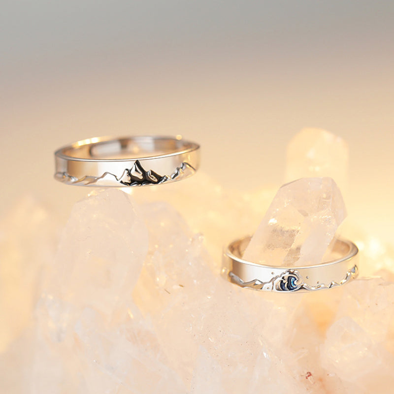 Mountain Ocean Couple Rings Matching Adjustable Ring Jewelry Gift for Lovers – Choose His or Hers (Sold Separately)