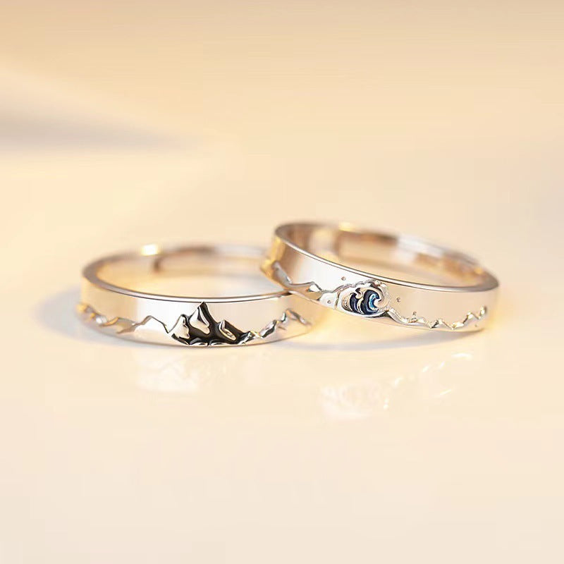 Mountain Ocean Couple Rings Matching Adjustable Ring Jewelry Gift for Lovers – Choose His or Hers (Sold Separately)