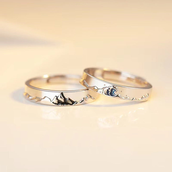 Mountain Ocean Couple Rings Matching Adjustable Ring Jewelry Gift for Lovers – Choose His or Hers (Sold Separately)