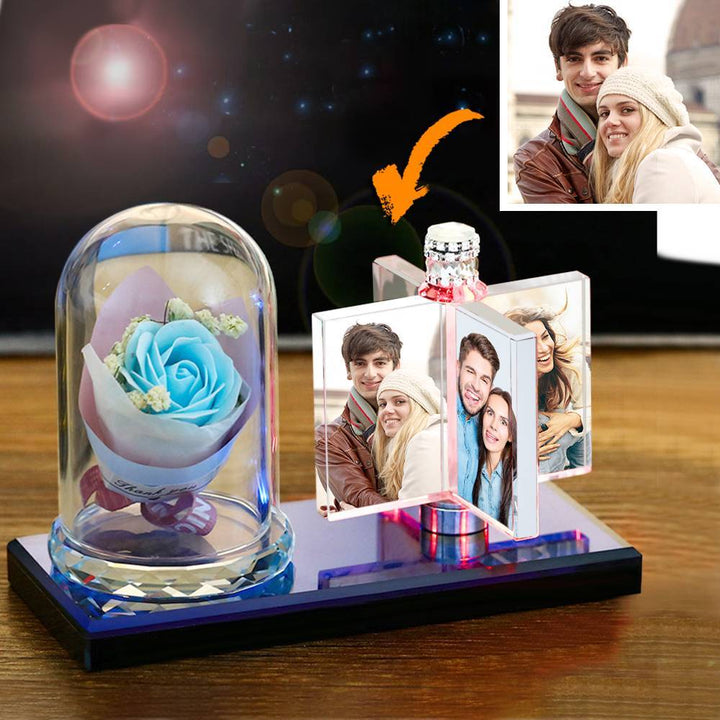 Custom Rotating Windmill Light Crystal Photo Frame with Romantic Rose
