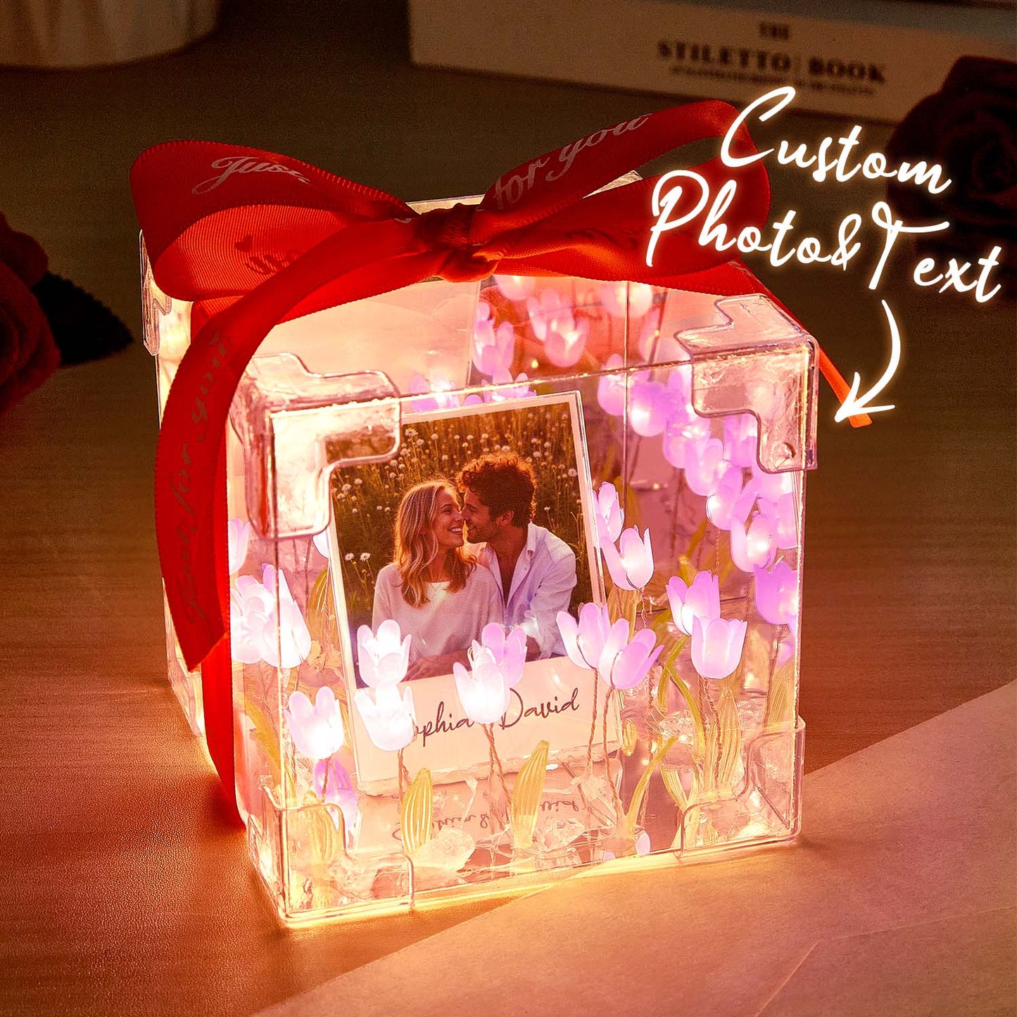 Custom Photo Tulip Flower Infinity Mirror Box Infinity Mirror Flower with Your Picture and Text DIY Kit