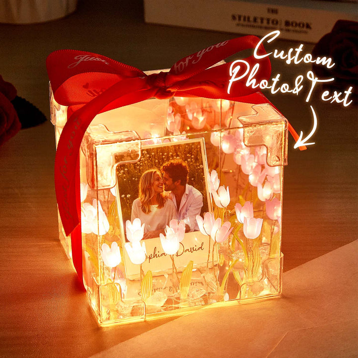 Custom Photo Tulip Flower Infinity Mirror Box Infinity Mirror Flower with Your Picture and Text DIY Kit