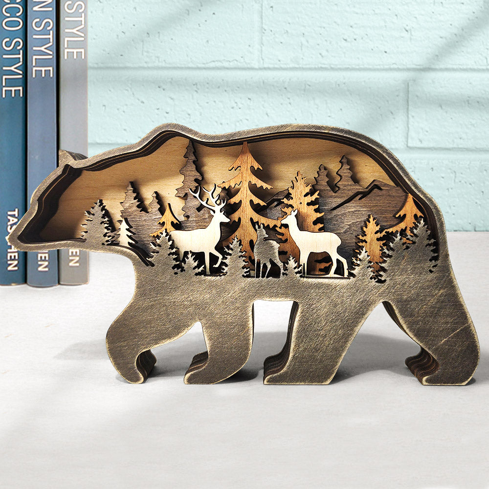 Custom Animal Wooden Statue Home Ornament Multi layer Woodland Bear Silhouette Decor for Shelf Table Wood Statue