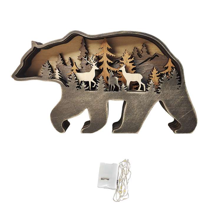 Custom Animal Wooden Statue Home Ornament Multi layer Woodland Bear Silhouette Decor for Shelf Table Wood Statue