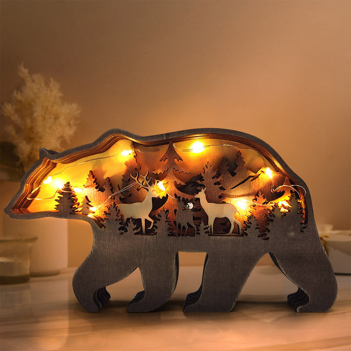 Custom Animal Wooden Statue Home Ornament Multi layer Woodland Bear Silhouette Decor for Shelf Table Wood Statue