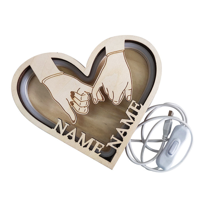 Personalized Couple Name Hand In Hand Wooden Heart Lamp