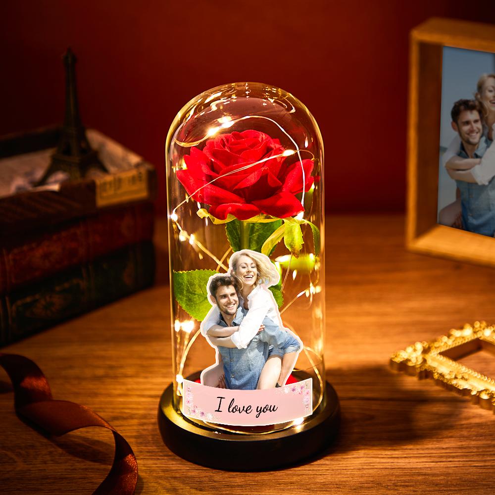 Custom Photo Text Eternal Rose Flower Glass Cover LED Night Light Romantic Simulation Gift For Her Wedding Gift