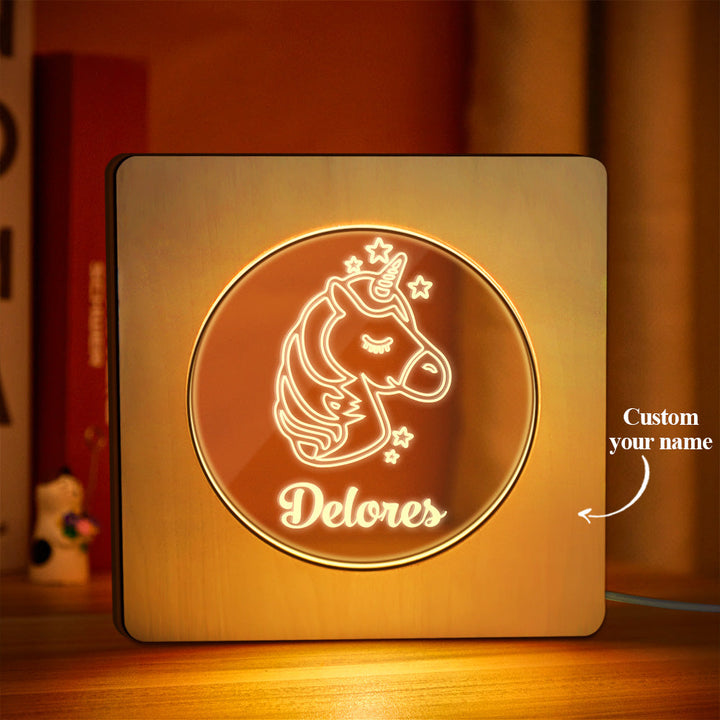 Custom Engraved Name Night Light Personalized Unicorn Wooden Frame Lamp Gift