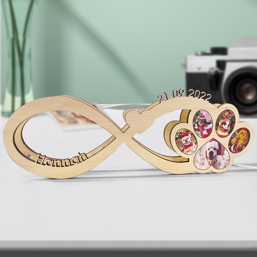 Custom Infinity Dog Paw Photo Light Personalized Engraved Name Wooden Night Light