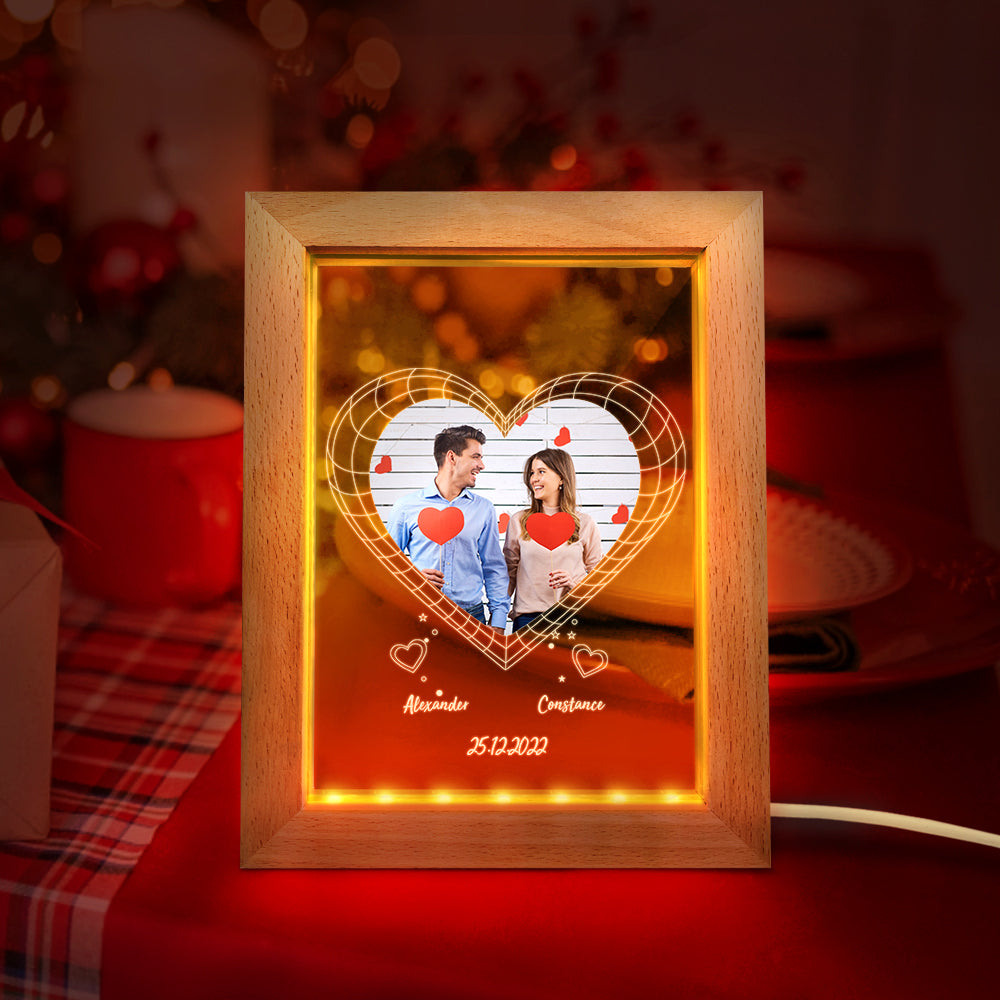 Custom Night Light Personalized 3D Heart Wooden Frame Lamp Valentine's Day Gift