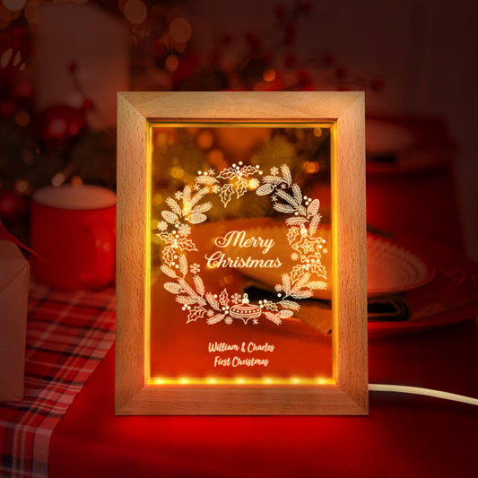 Custom Christmas Night Light Personalized 3D Christmas Wreath Wooden Frame Lamp Gift