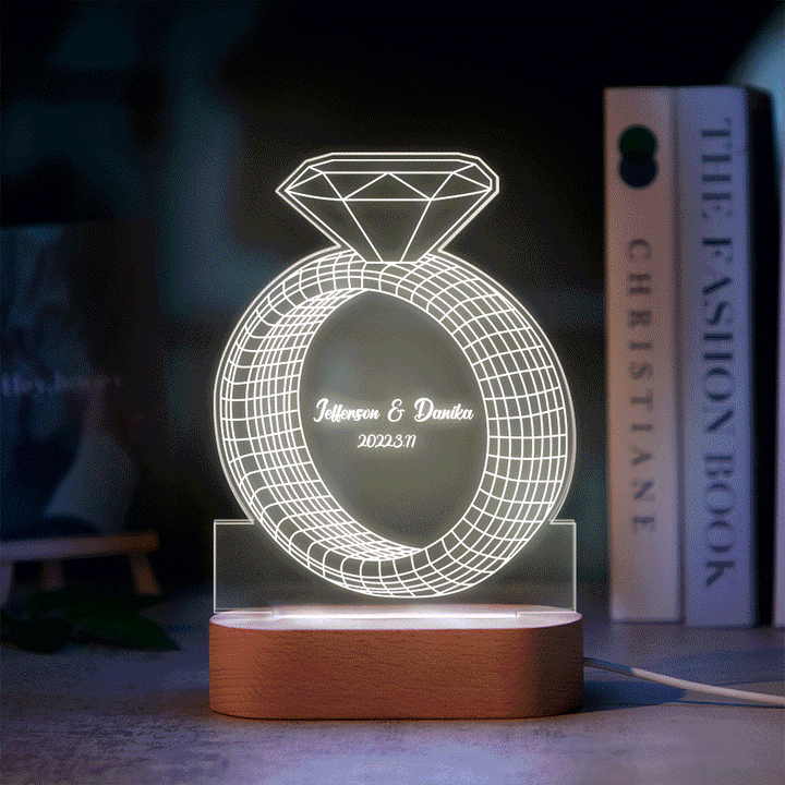 Personalized Text Diamond Ring Colorful Lamp Custom Acrylic 3D Printed Night Light Proposal Anniversary Day Gift