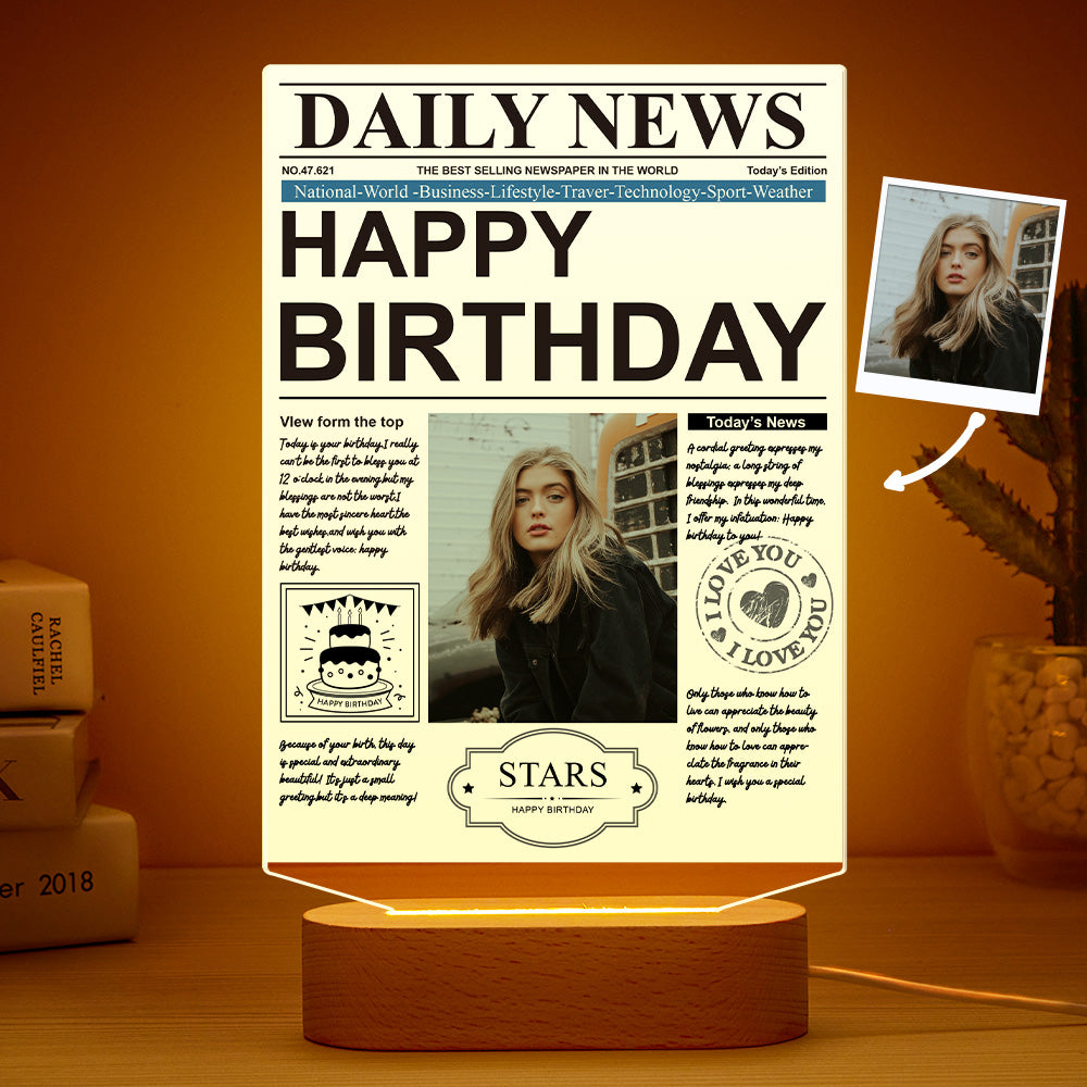 Custom Photo News Acrylic Plaque Colorful Lamp Personalized Night Light Birthday Gifts Memories Gift