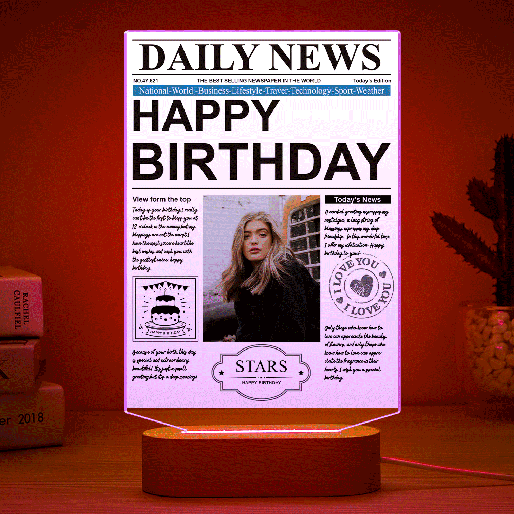 Custom Photo News Acrylic Plaque Colorful Lamp Personalized Night Light Birthday Gifts Memories Gift