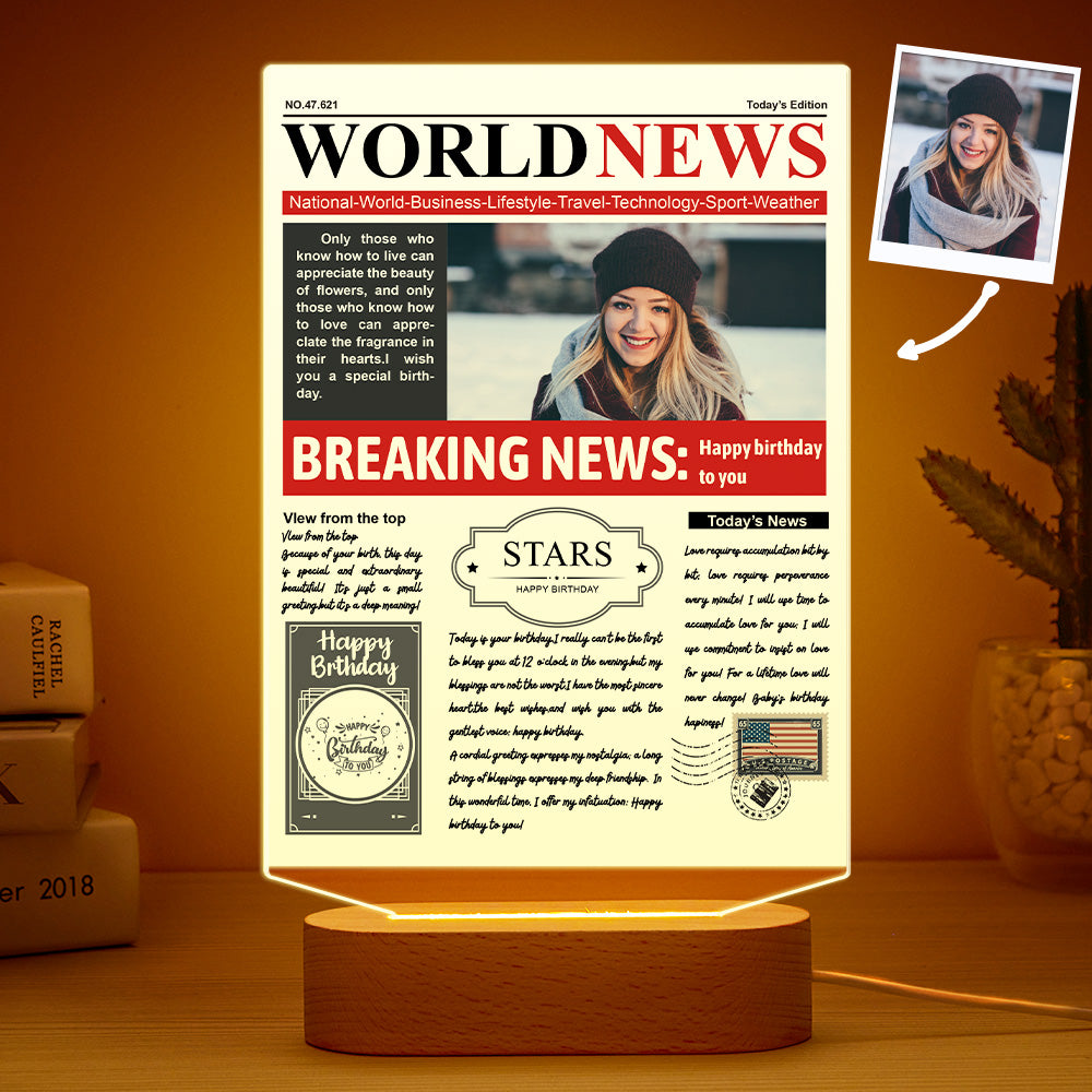 Custom Photo News Acrylic Sign Colorful Lamp Personalized 3D Printed Night Light Birthday Gifts