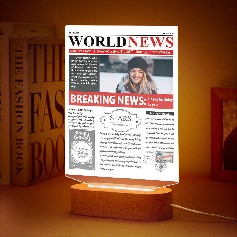 Custom Photo News Acrylic Sign Colorful Lamp Personalized 3D Printed Night Light Birthday Gifts