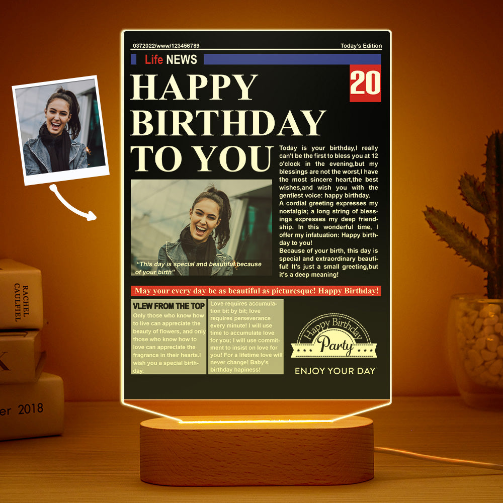 Custom Photo News On Acrylic Board Colorful Lamp Personalized Night Light Birthday Gifts
