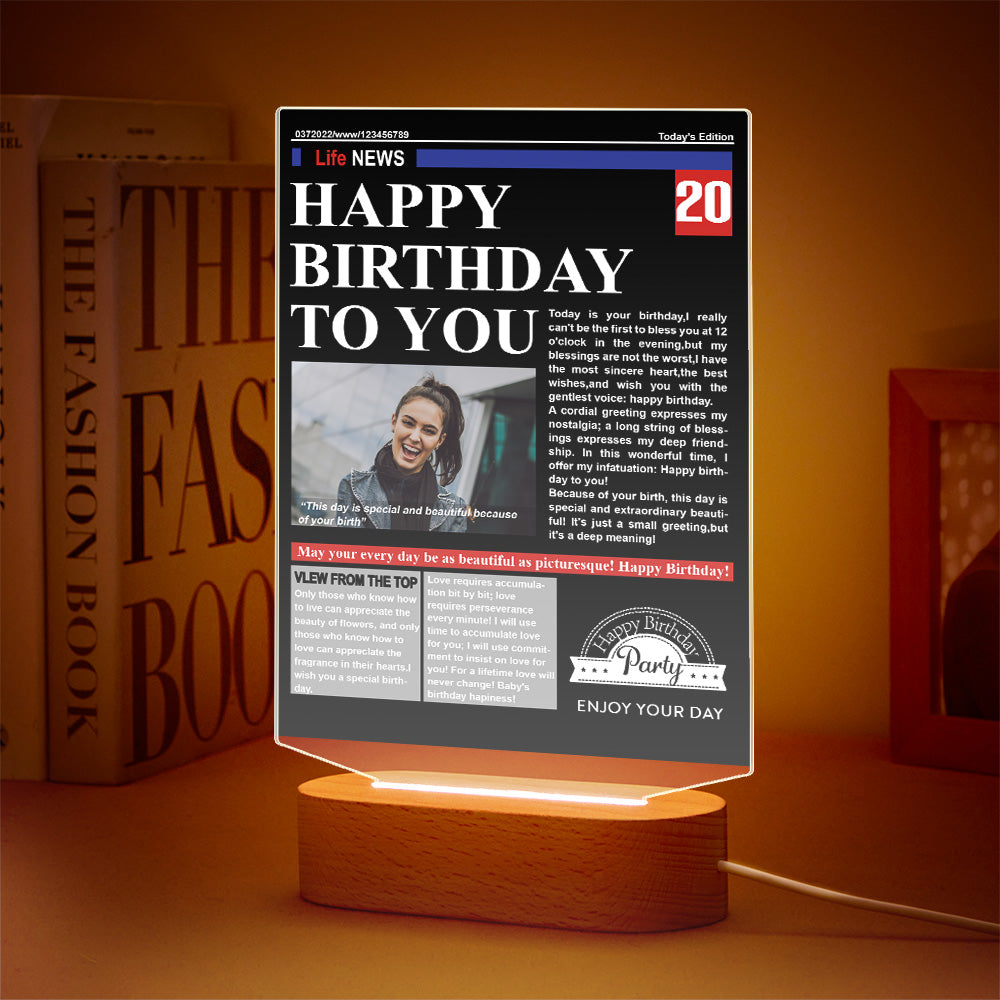 Custom Photo News On Acrylic Board Colorful Lamp Personalized Night Light Birthday Gifts