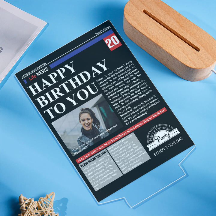 Custom Photo News On Acrylic Board Colorful Lamp Personalized Night Light Birthday Gifts