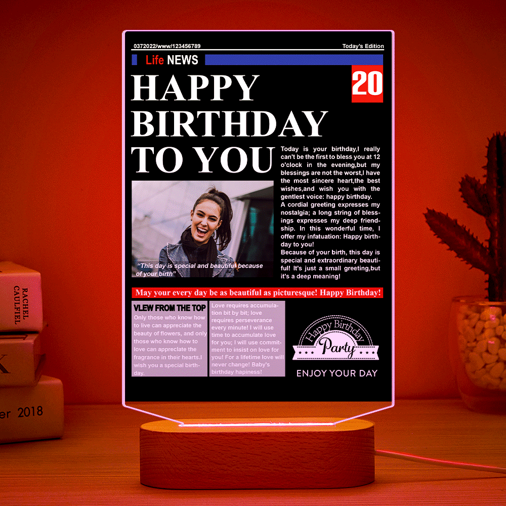 Custom Photo News On Acrylic Board Colorful Lamp Personalized Night Light Birthday Gifts