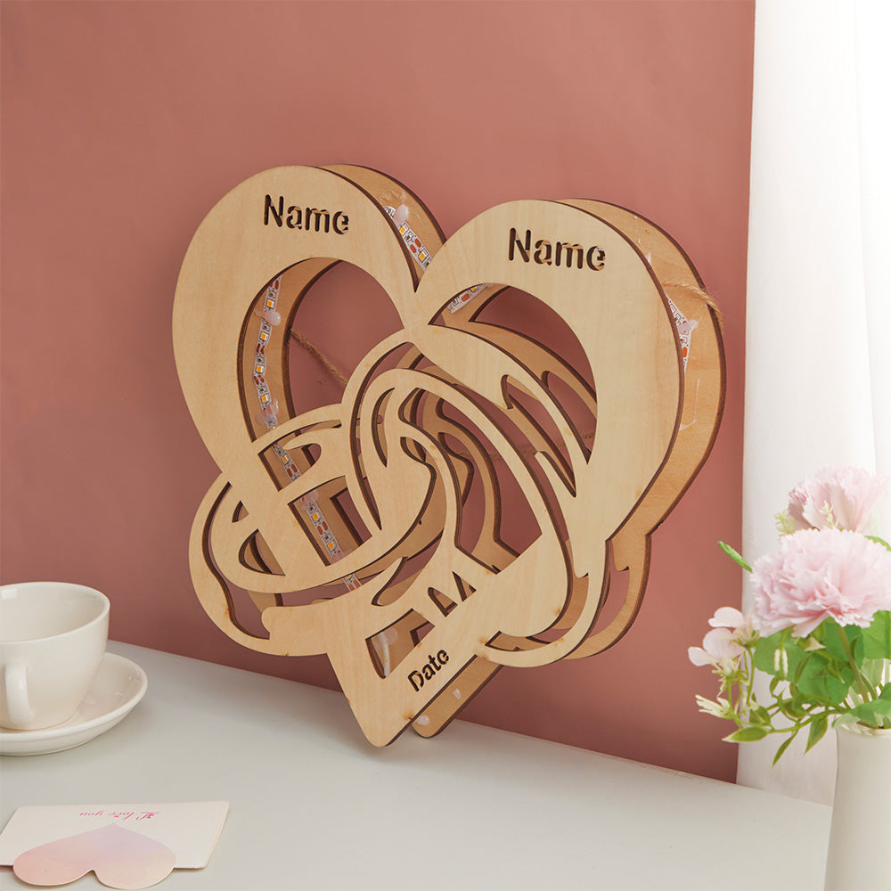 Personalized Night Light with Name and Date Wedding Rings Infinity Wooden Lamp for Couples