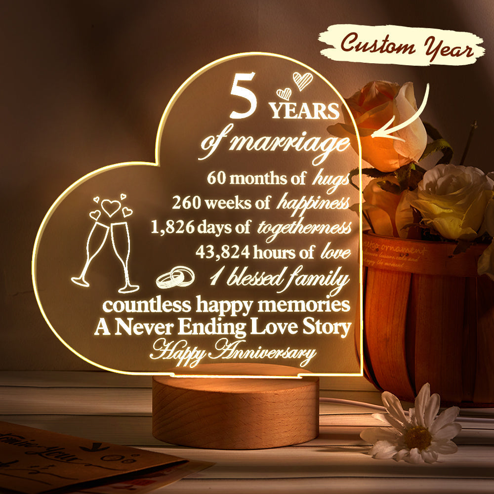 Personalised Anniversary Wedding Night Light Heart Shaped Acrylic Lamp Gifts for Wife Husband