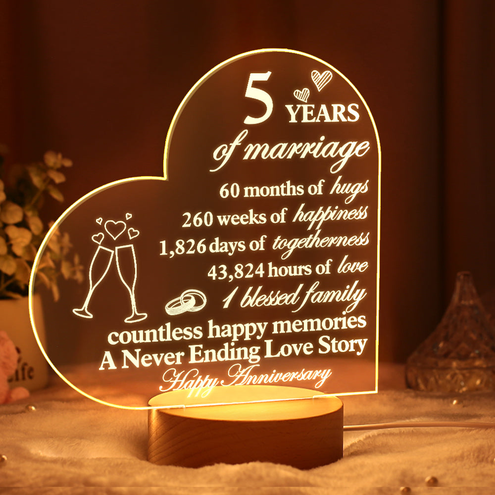 Personalised Anniversary Wedding Night Light Heart Shaped Acrylic Lamp Gifts for Wife Husband