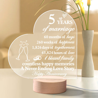 Personalised Anniversary Wedding Night Light Heart Shaped Acrylic Lamp Gifts for Wife Husband