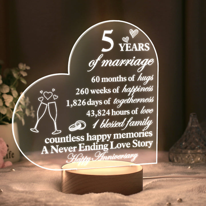 Personalised Anniversary Wedding Night Light Heart Shaped Acrylic Lamp Gifts for Wife Husband
