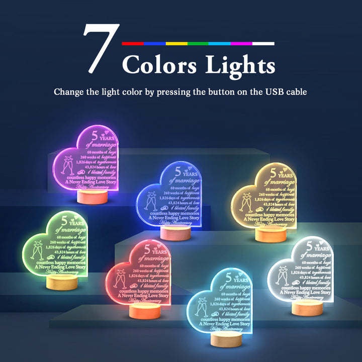 Personalised Anniversary Wedding Night Light Heart Shaped Acrylic Lamp Gifts for Wife Husband