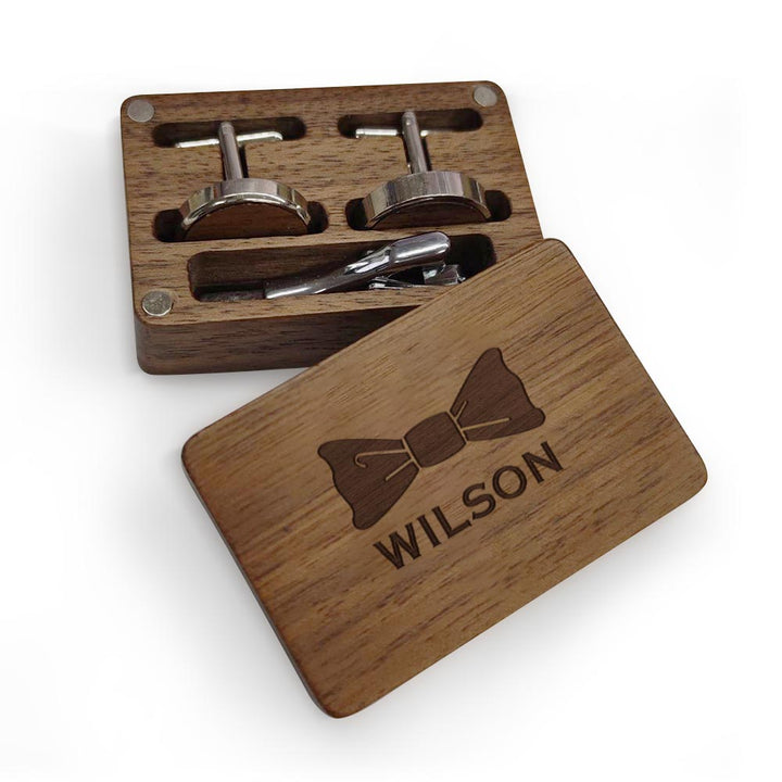 Personalized Wooden Cufflink Box Set with 1 Wood Box, 2 Cufflinks, and 1 Tie Clip - Wedding Gift