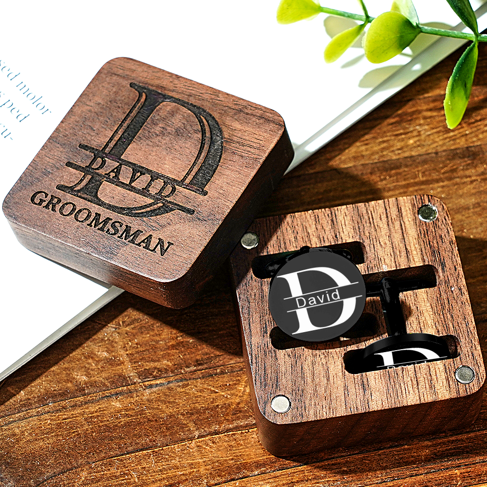 Personalized Engraved Cufflinks Set with Wooden Box Wedding Gift for Men Groomsmen