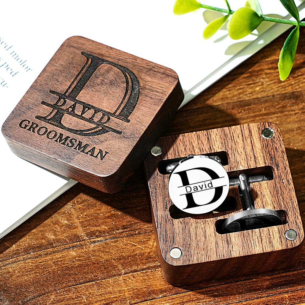 Personalized Engraved Cufflinks Set with Wooden Box Wedding Gift for Men Groomsmen