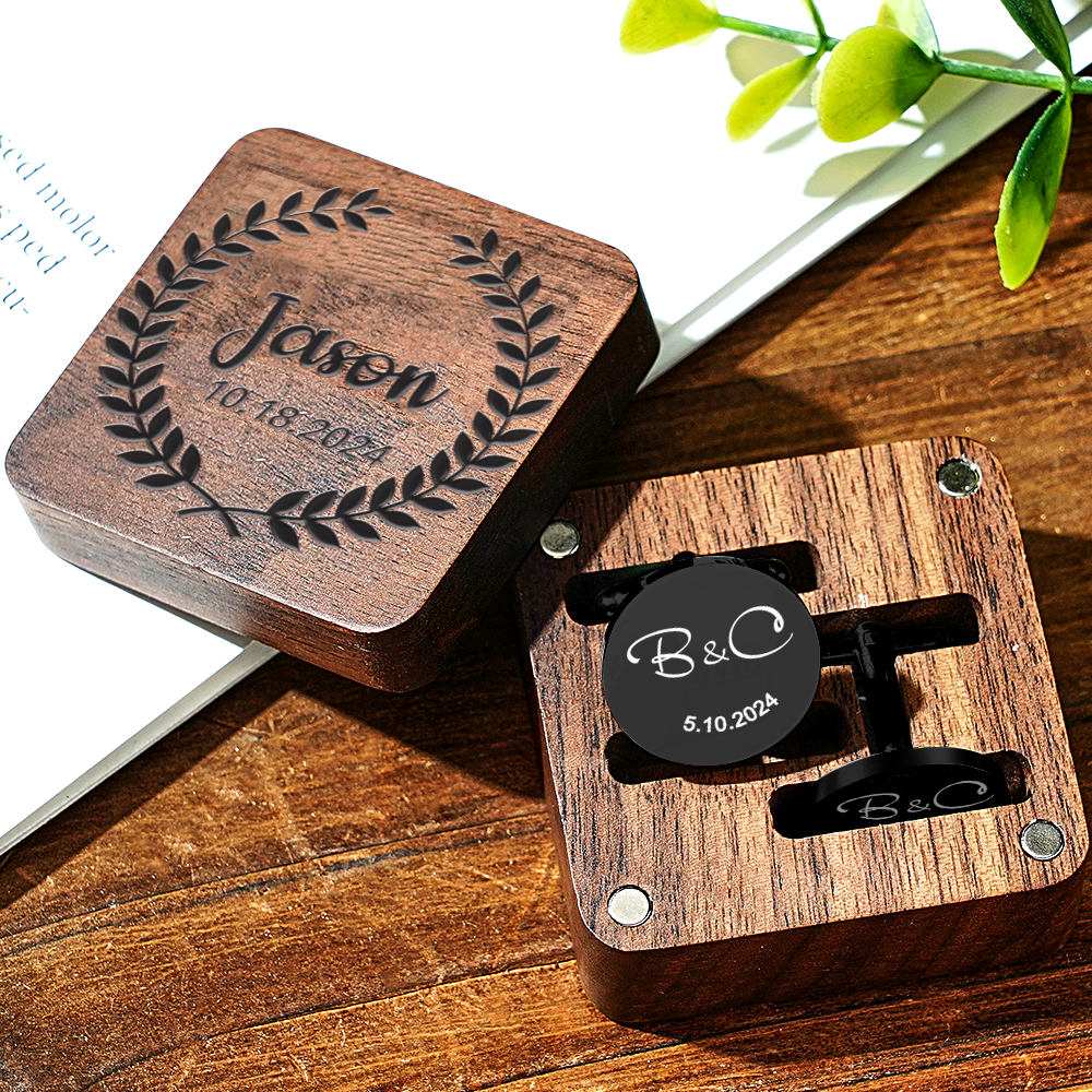 Personalized Engraved Cufflinks Set with Wooden Box Wedding Gift for Men Groomsmen