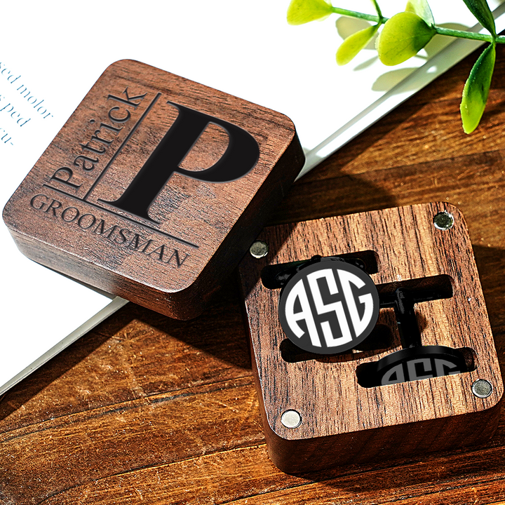 Personalized Engraved Cufflinks Set with Wooden Box Wedding Gift for Men Groomsmen