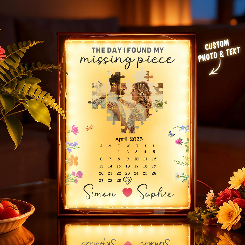 Custom Photo & Names Magic Mirror Light The Day I Found My Missing Piece Calendar Desk Decor Valentine's Gift