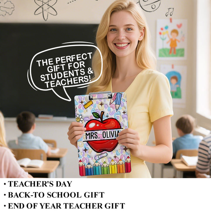 Custom Text Name Folder with Apple & Color Pencil Design – Teacher's Day & Back to School Gift