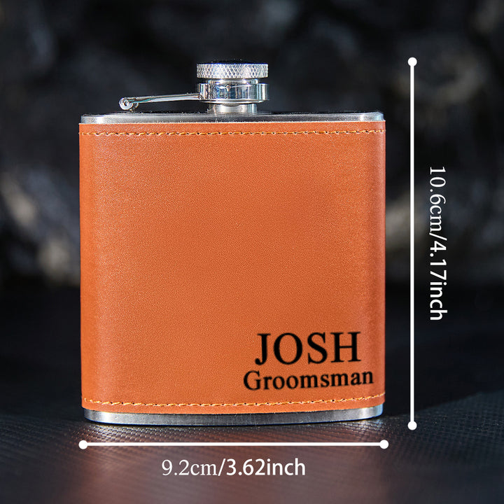 Personalized Leather Flask with Name Stainless Steel 6oz Whiskey Flask Gift for Groomsmen