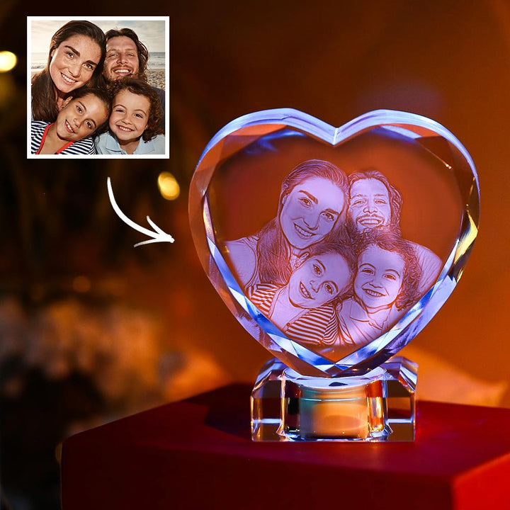 3D Laser Engraved Heart Crystal Photo Frame with Light Up LED Base