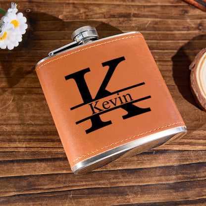 Personalized Leather Flask Stainless Steel 6oz Whiskey Flask Gift for Men