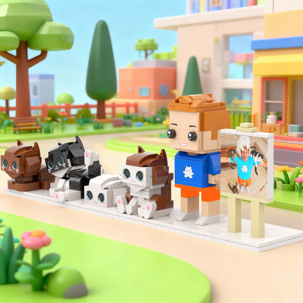 Custom Full-Body Brick Figures of 1 Person and 4 Cats with Frame Personalized Anniversary Gift Birthday Gift