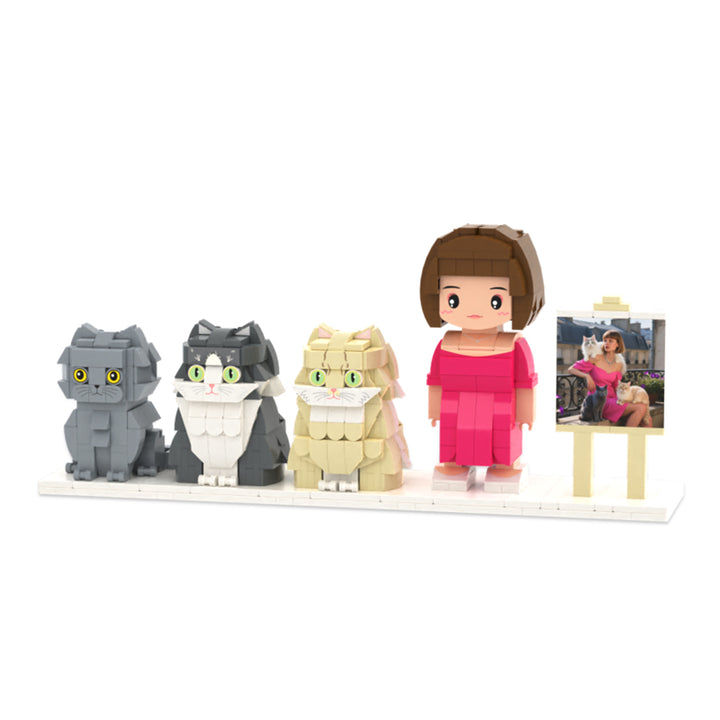 Custom Full-Body Cute Brick Figures of 1 Person and 3 Cats with Frame Personalized Anniversary Gift Birthday Gift