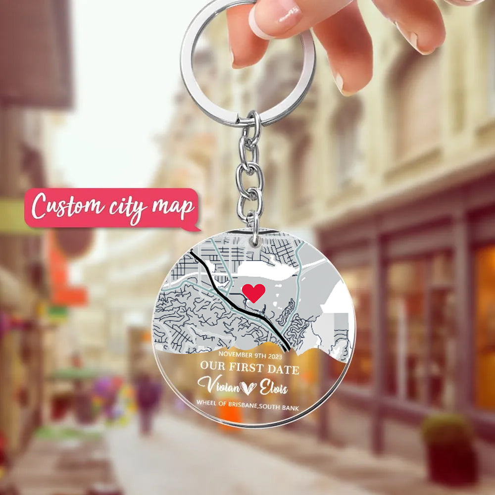 Personalized Map Acrylic Keychain Our First Date Keychain For Couple Valentines Gift