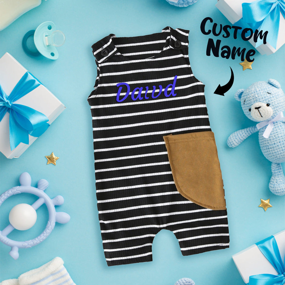 Personalized Rib Stripe Sleeveless Jumpsuit with Embroidered Name Gift for Toddler Kids