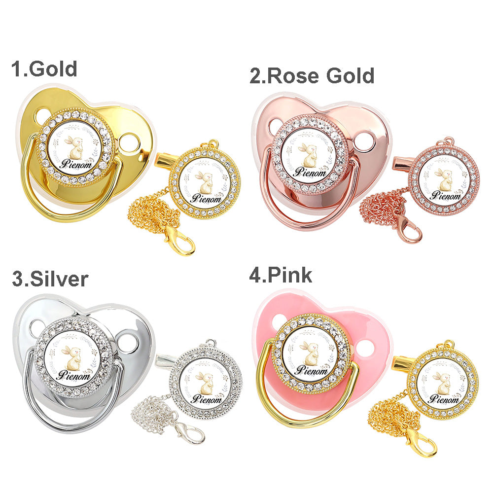 Custom Name Baby Pacifier & Clip Set with Bunny Pattern – Personalized Newborn Gift