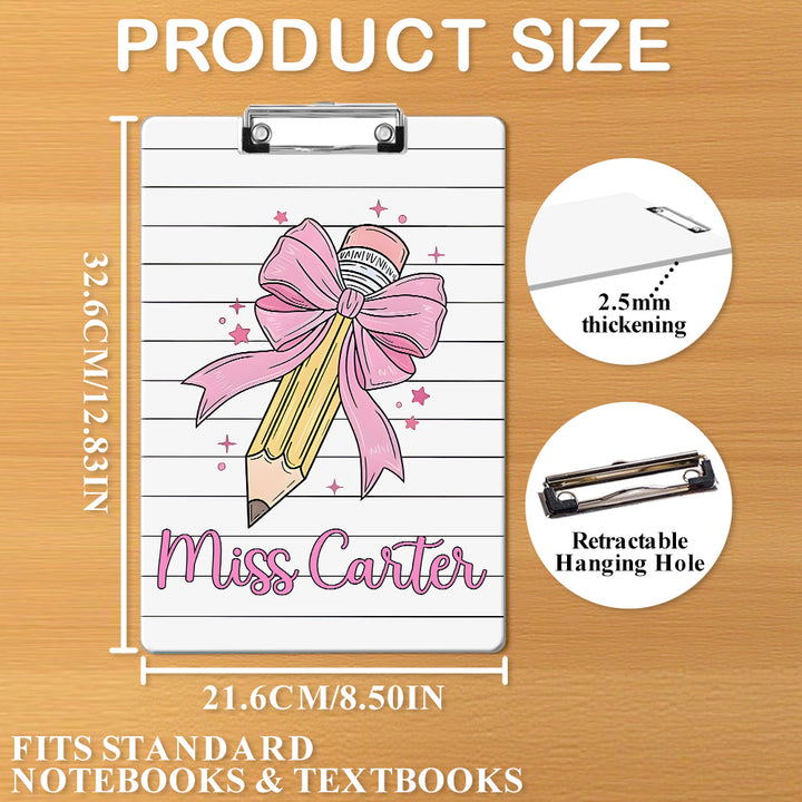 Custom Text Name Folder with Pink Bow & Pencil Design – Teacher's Day & Back to School Gift