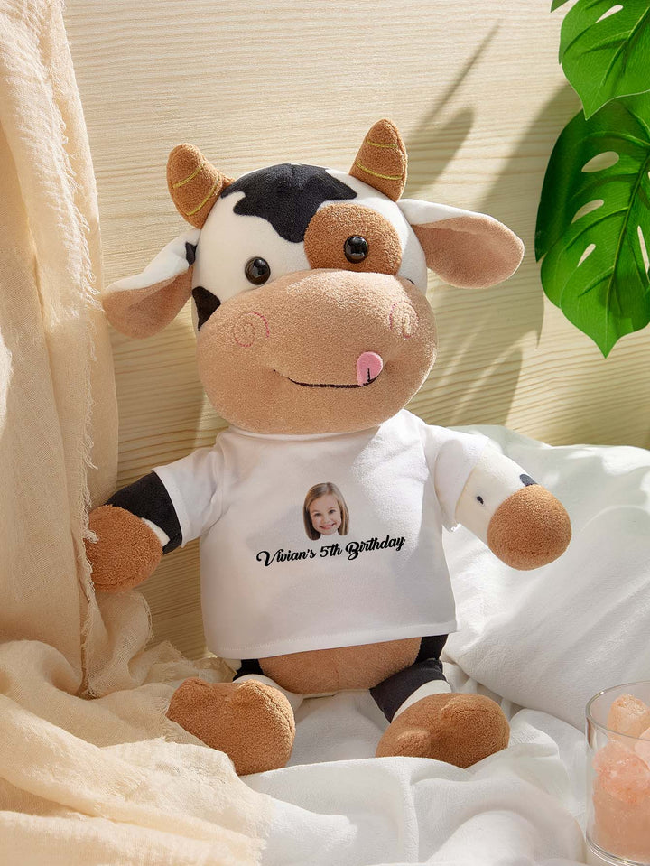Personalized Cow Plush Stuffed Toy with Custom Text and Face Gift for Kids