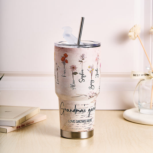 Custom 30oz Insulated Tumbler with Watercolor Birth Flower Name Text – Perfect Birthday Gift for Mom or Grandma